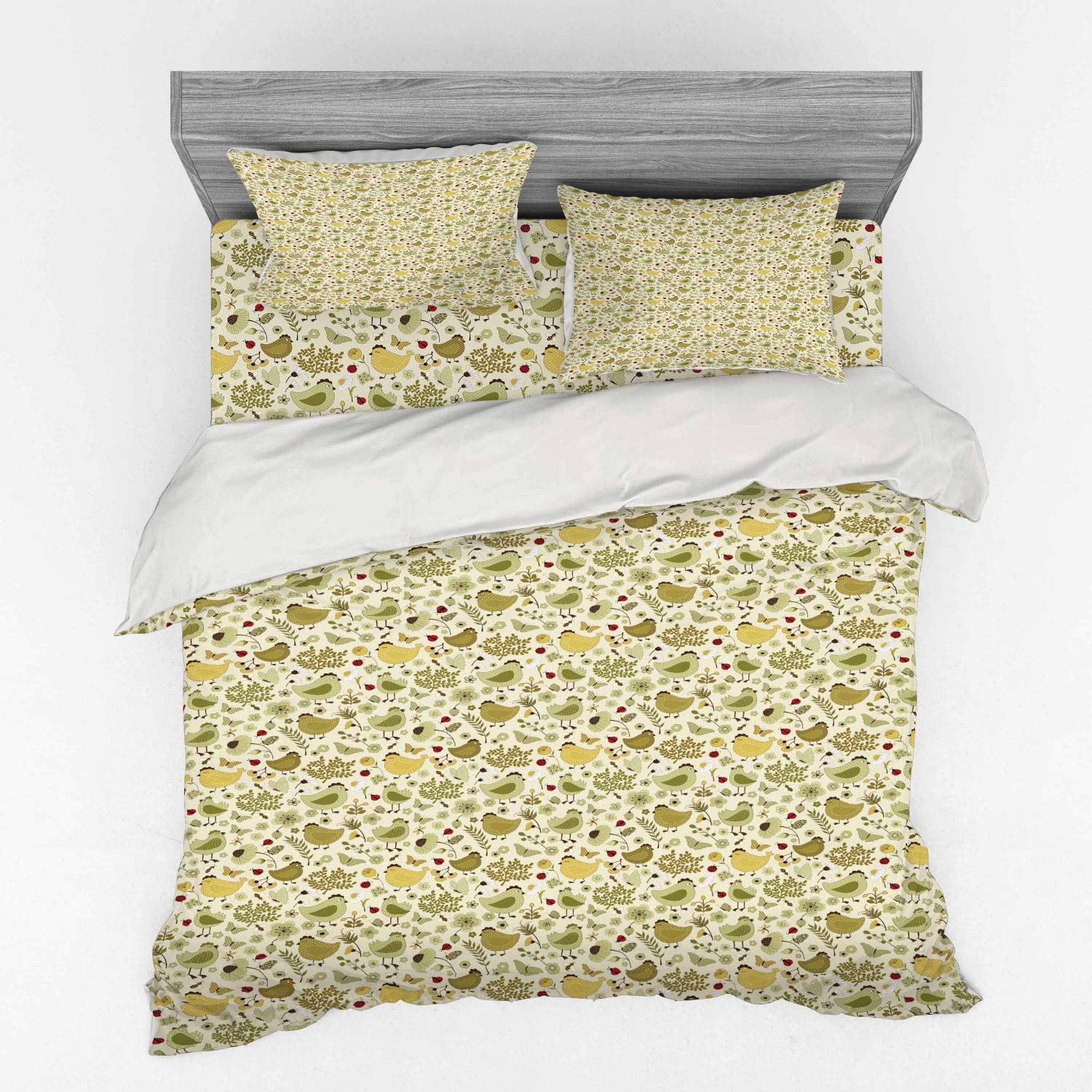 Ambesonne Spring Duvet Cover Set - King Size 4-Piece Bedding with Chicken, Ladybug & Bees Nature Design on Polka Dot Background | Includes Shams & Fitted Sheet in Green Khaki | Perfect for Farmhouse, Cottage or Kids' Room Decor