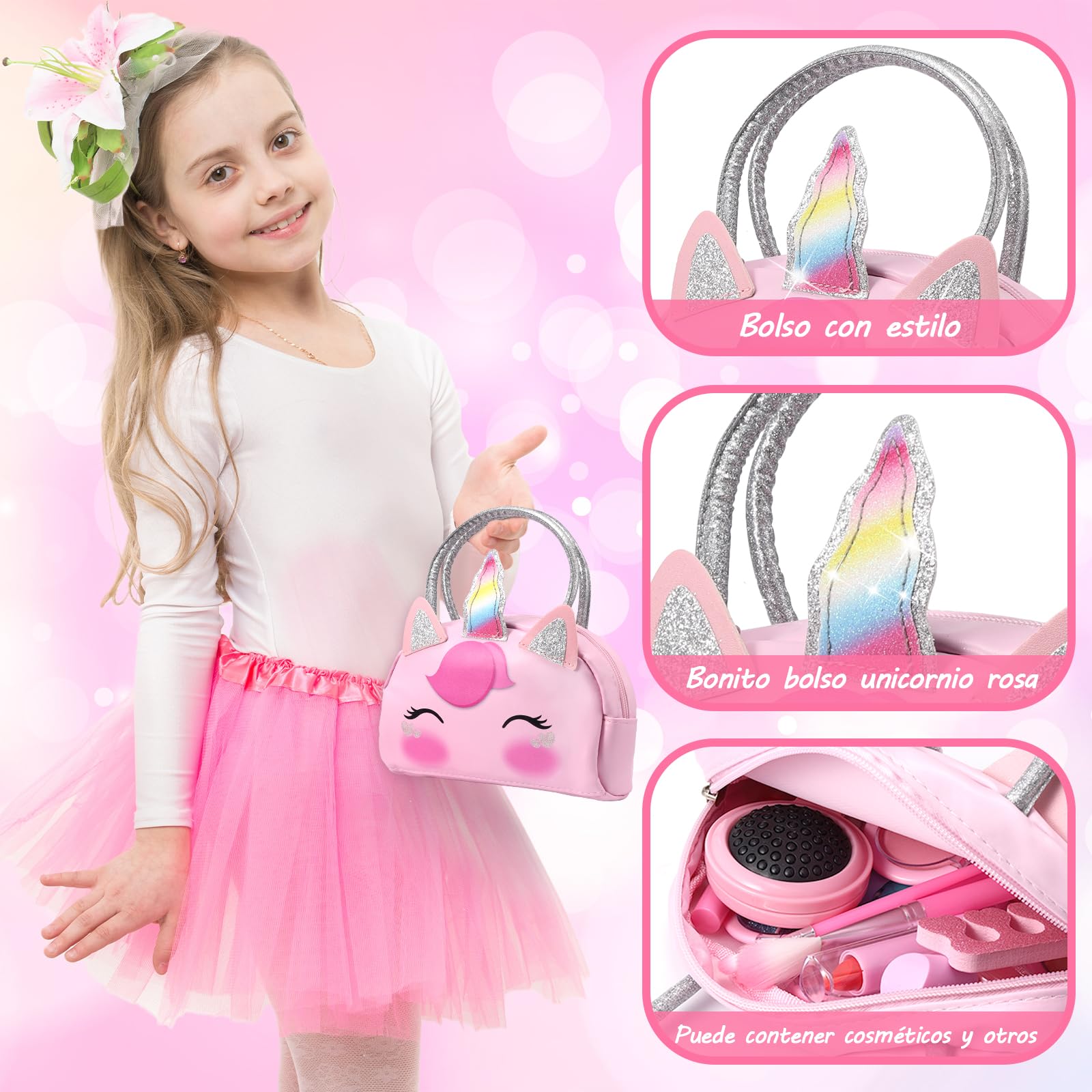 TOGOU2S Unicorn Makeup Set for Girls - Pink Washable & Non-Toxic Kids Makeup Kit with Cosmetic Bag - Perfect Birthday Gift for Girls Ages 4-8 - Pretend Play, Dress-Up & Party Fun
