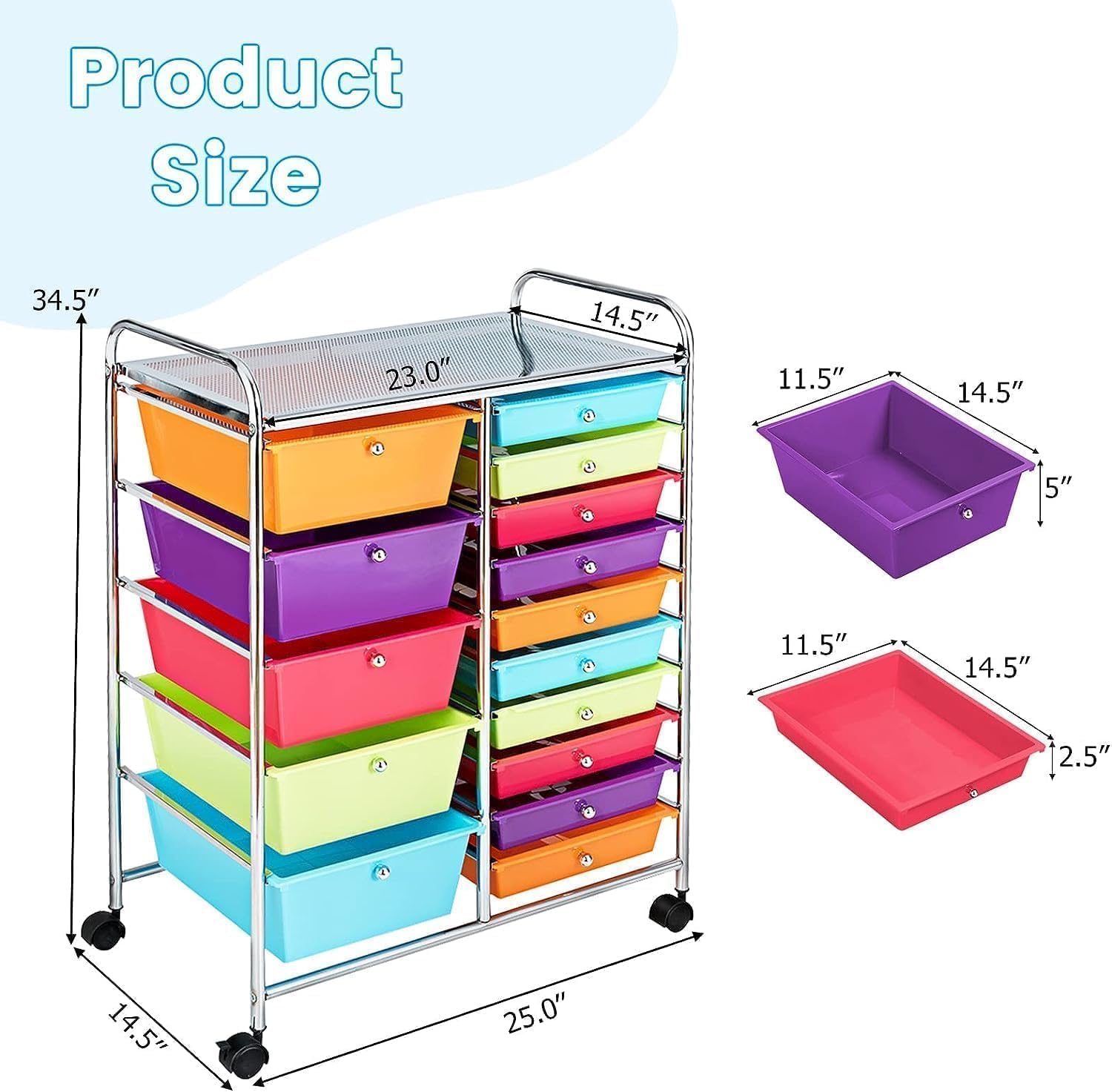 LDAILY 15-Drawer Rolling Storage Cart - Multipurpose Mobile Organizer with Durable Metal Frame | Perfect for Office, School & Craft Room Organization | Scrapbook Paper Storage, Art Supplies & Stationery Organizer (Colorful)