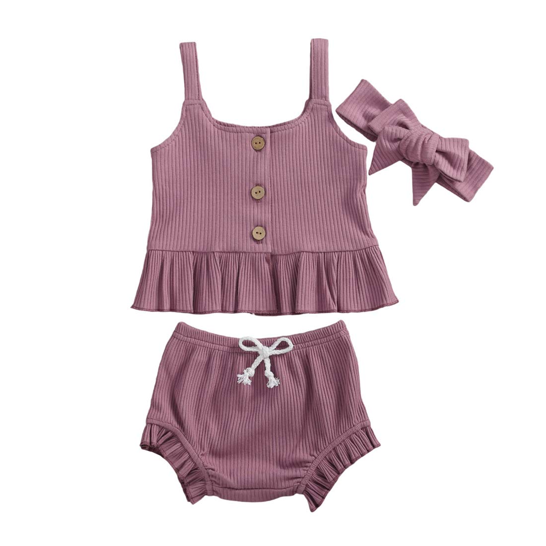 Newborn Baby Girl Summer Outfit Set - Knitted Suspender Dress, Ruffle Top & Shorts | Cute Solid Color Infant Clothes for Photoshoots, Parties & Daily Wear
