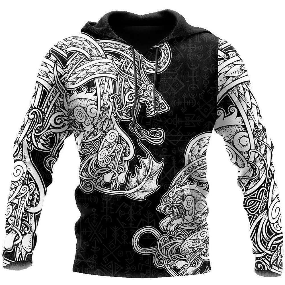 Norse Mythology Viking Dragon Tattoo Full Zip Hooded Jacket for Men - X-Large Pullover Hoodie | Viking Inspired Streetwear & Loungewear