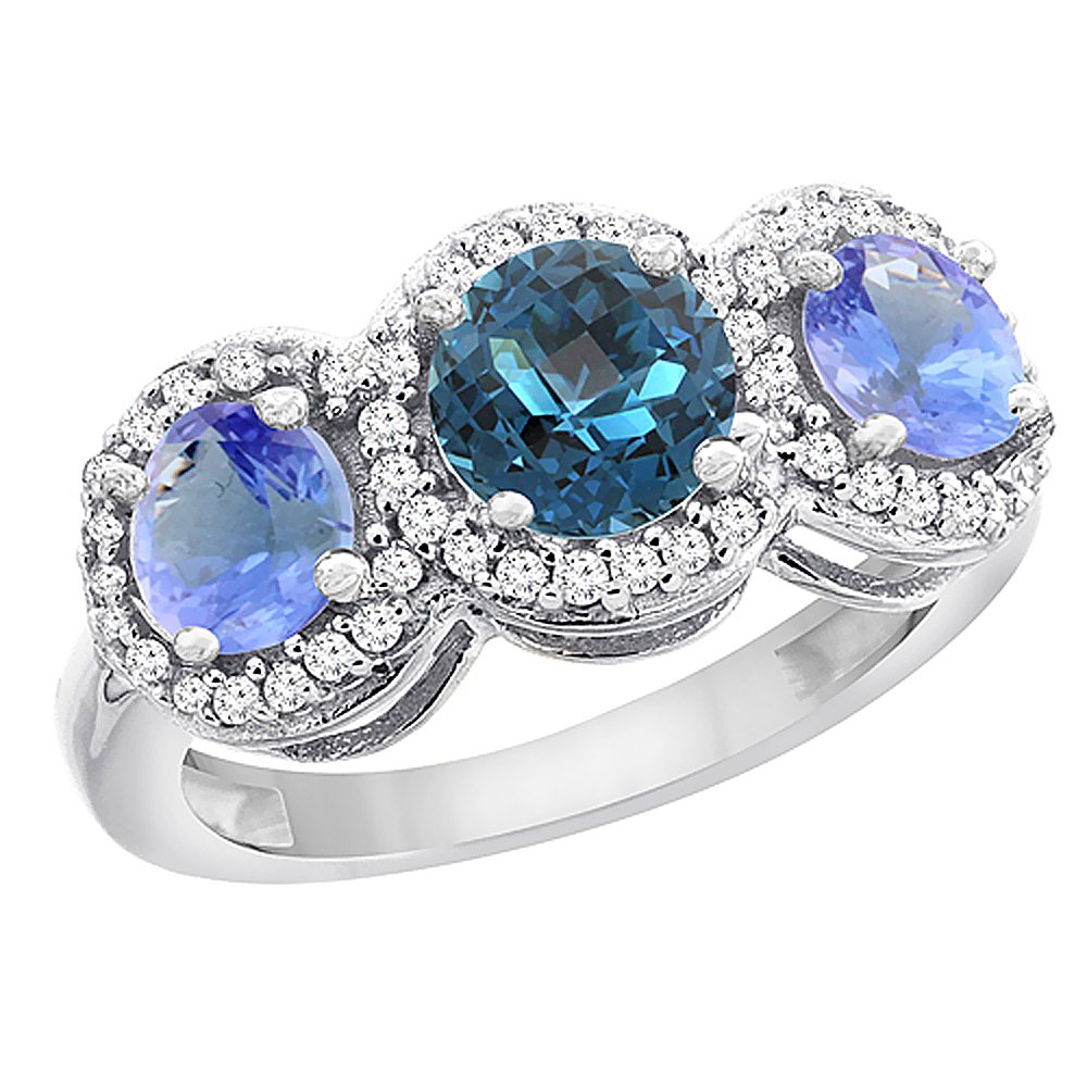10K White Gold Natural London Blue Topaz & Tanzanite Round 3-Stone Ring with Diamond Accents - Sizes 5-10 | Elegant Wedding, Engagement, Anniversary Jewelry Gift for Women