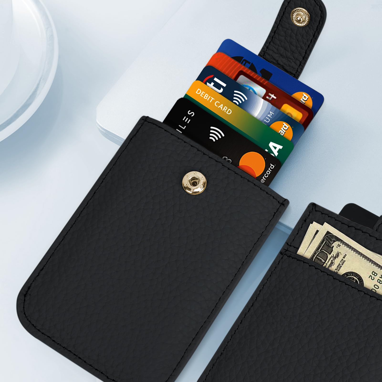 Unaone Slim Minimalist RFID Blocking Wallet - Soft Leather Front Pocket Card Holder for Men & Women | Pull-Out Card Organizer | Perfect for Travel, Work & Everyday Use (Black)