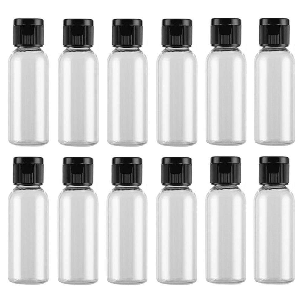 12 Pack 30ml Empty Clear Plastic Travel Bottles - Refillable Leak Proof Squeeze Containers with Black Flip Caps for Toiletries, Shampoo, Lotion & Cosmetics - Perfect for Travel, Gym, Home & Hotel Use