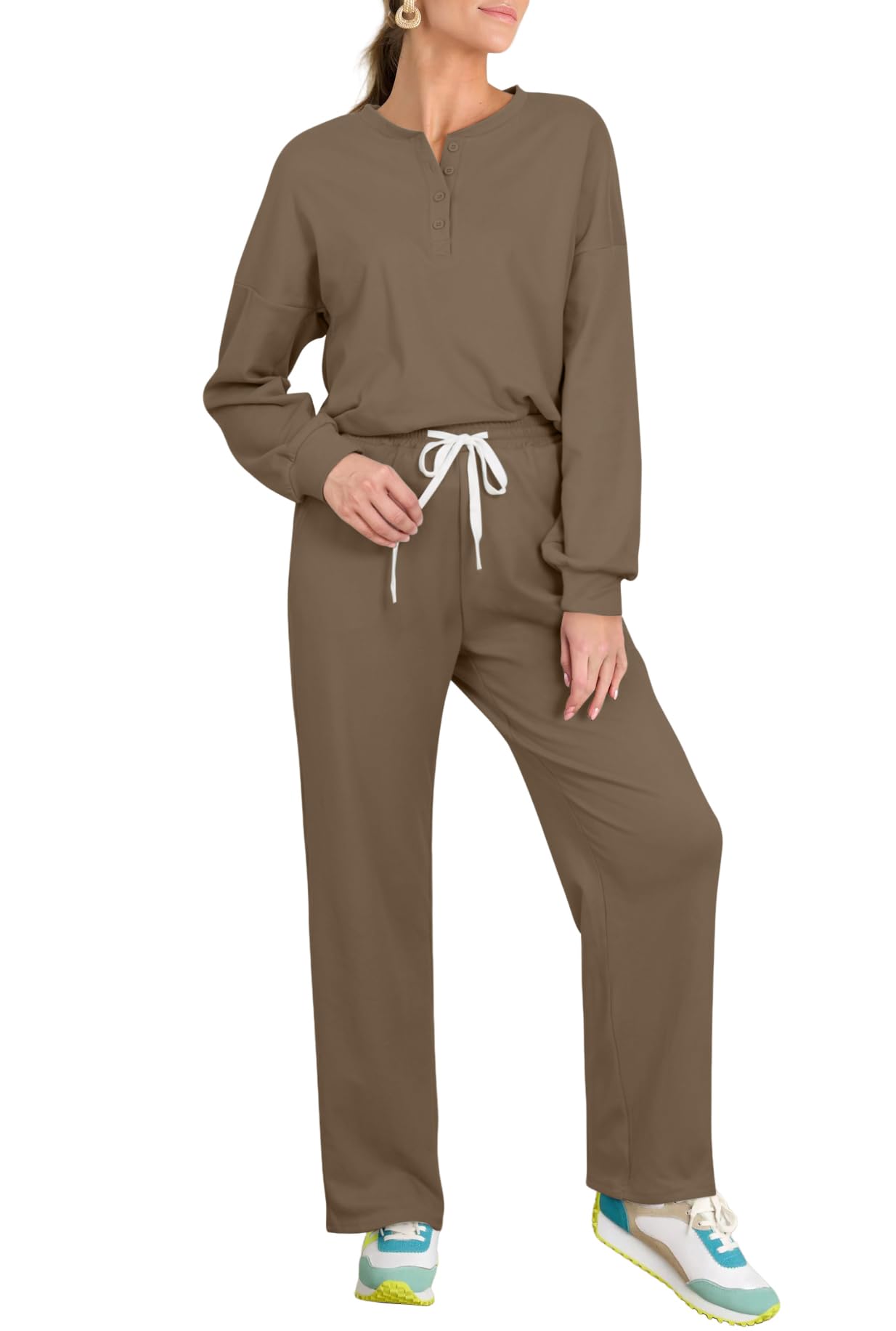 AGSEEM Women's 2-Piece Lounge Set - Quarter Button Long Sleeve Crewneck Pajama Set with Pockets | Cozy Winter Loungewear for Home Relaxation & Sleepwear