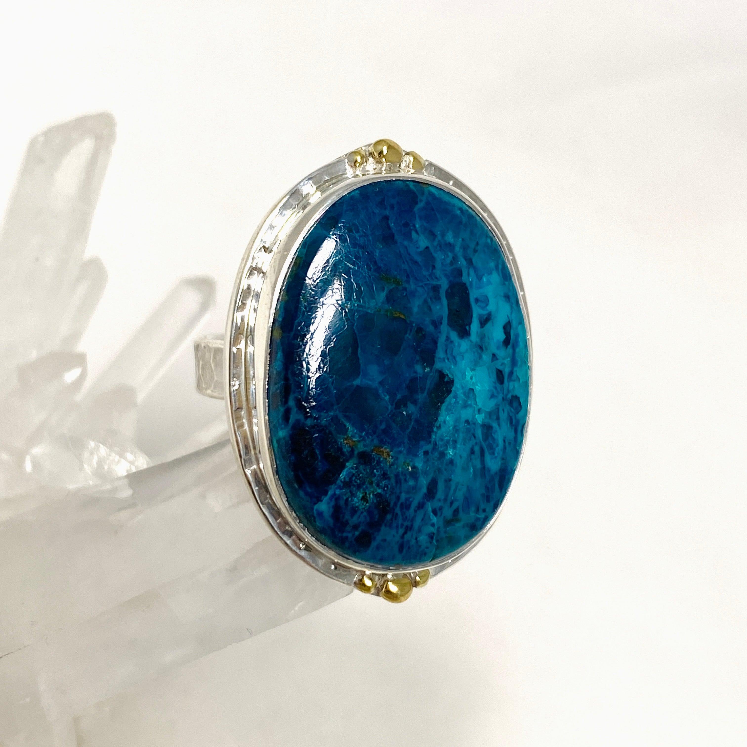 Shattuckite Oval Ring with Brass Accents - Size 9 Blue Gemstone Jewelry KRGJ3227 | Healing Crystal Ring for Meditation & Spiritual Energy