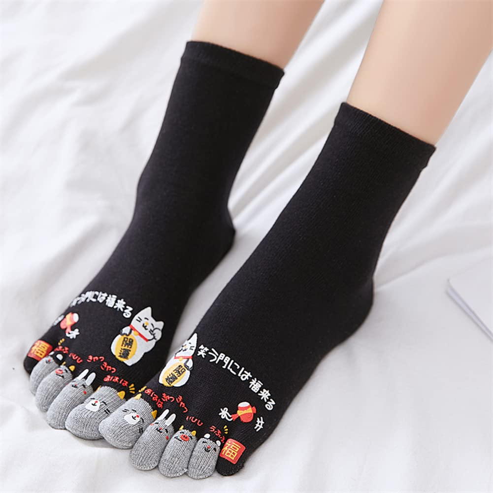 Funky Women's Toe Socks - Cartoon Lucky Cat Print Ankle Bootie Socks (Black) for Yoga, Cosplay & Unique Fashion Statement