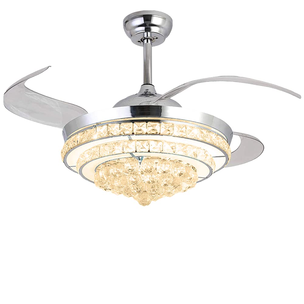 42 Inch Retractable Crystal Ceiling Fan with Remote Control - 3 Speed LED Chandelier Fan, Ultra Quiet Modern Invisible Ceiling Fan Light for Living Room, Dining Room, Bedroom - Silver | Perfect for Home Cooling & Stylish Lighting
