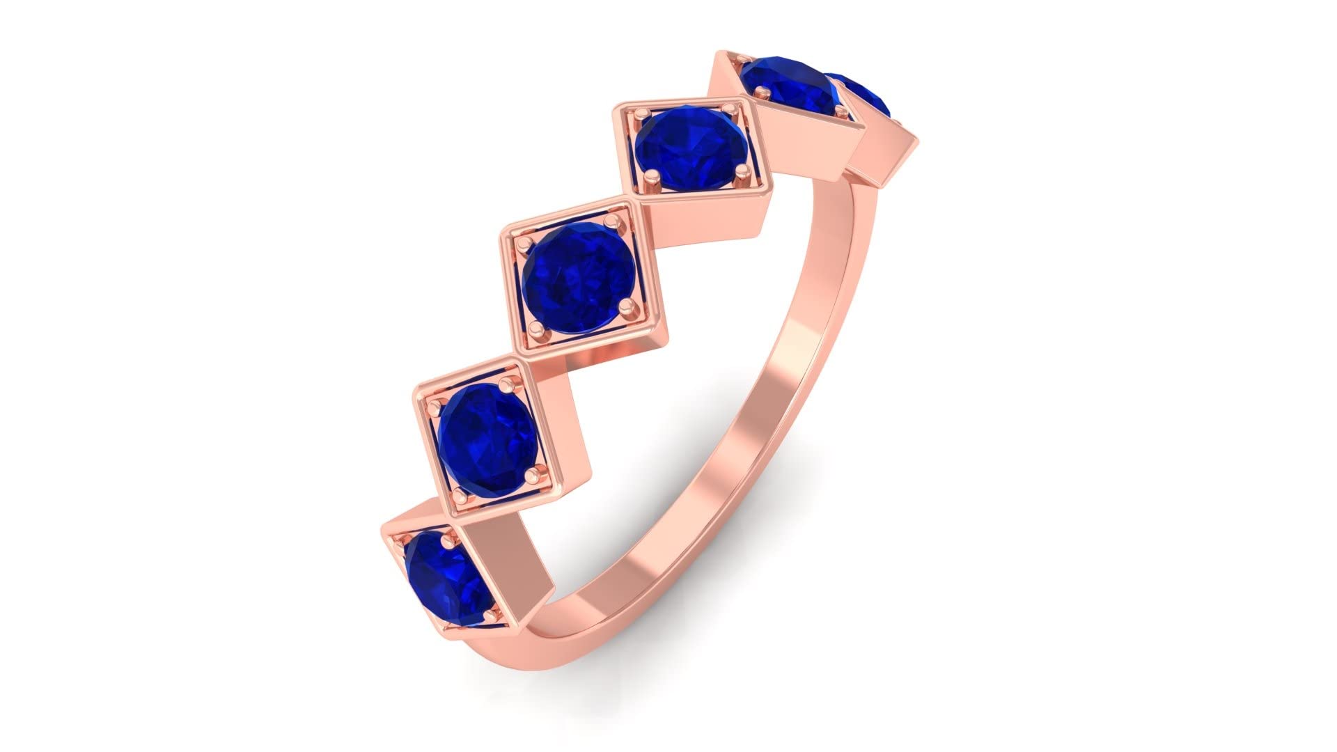14K Solid Gold Created Blue Sapphire Half Eternity Ring - Geometric Square Shape Wedding Band for Women, Perfect for Anniversary, Engagement and Special Occasions