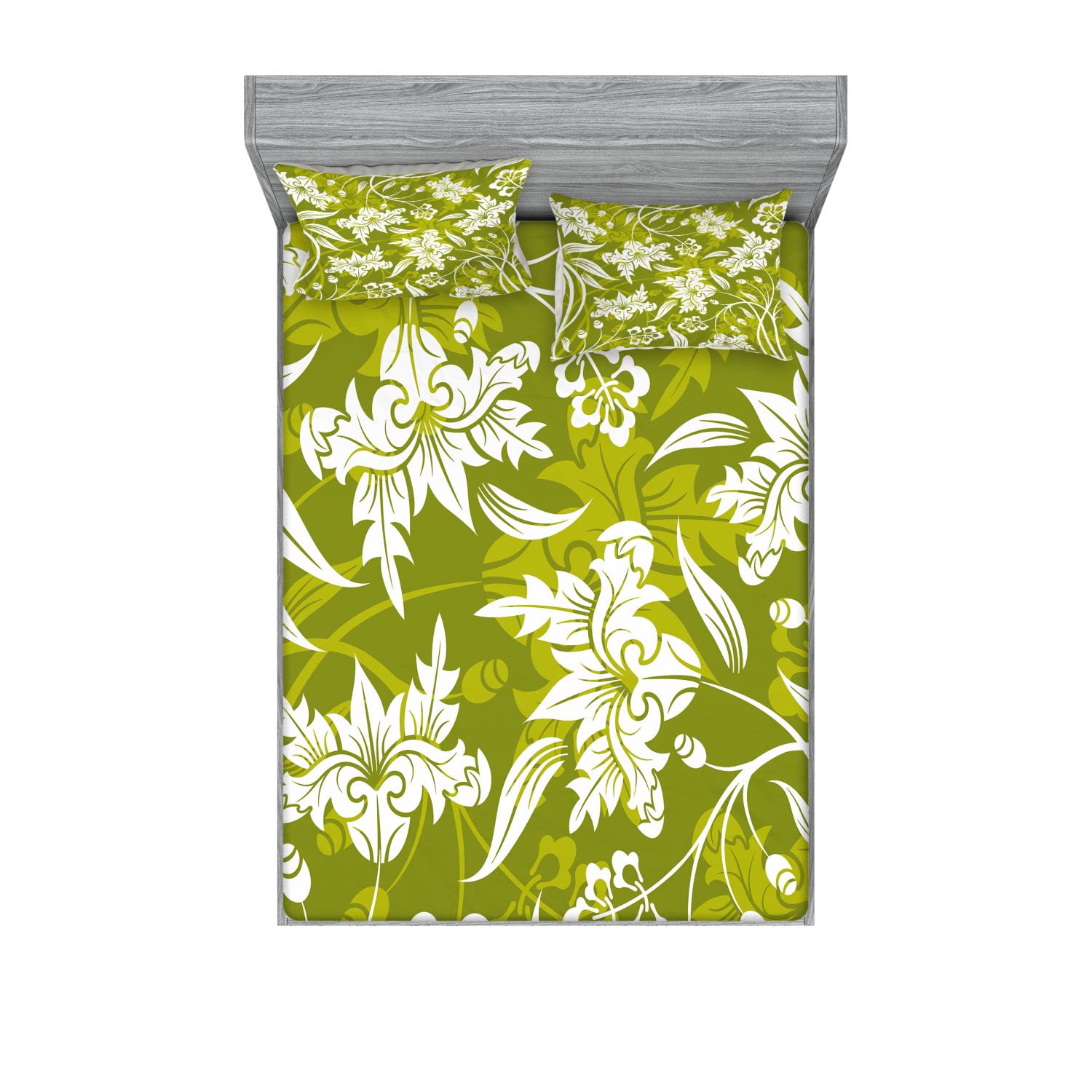 Ambesonne Floral Queen Size 2-Pack Fitted Sheet & Pillow Sham Set - Green Flower Pattern 4-Piece Bedding Decor (2 Fitted Sheets + 4 Pillow Covers) in Pale Green & White | Soft Cotton Blend for Guest Room, Master Bedroom & Vacation Home Decor