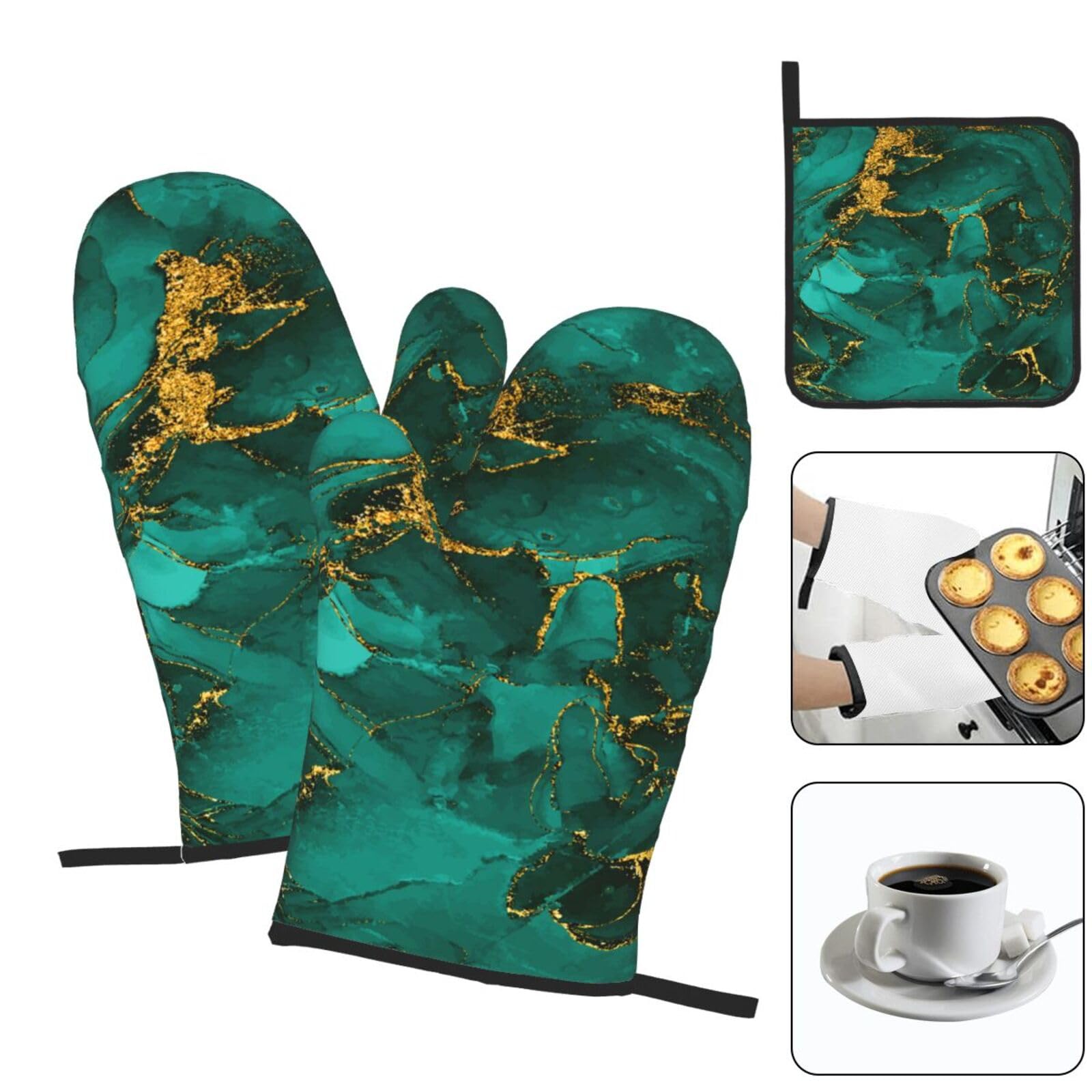 Turquoise Marble Oven Mitts & Pot Holders Set of 3 - Heat Resistant, Non-Slip, Washable Kitchen Accessories for Cooking, Baking, Grilling & BBQ - Perfect for Home Kitchen Decor & Gift Giving