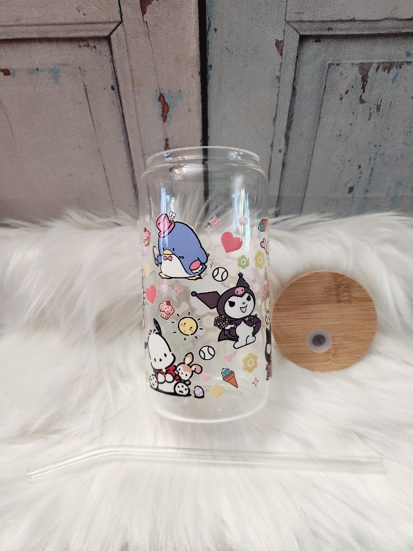Hello Kitty Glass Can with Lid & Straw - 16oz Mason Jar Cup for Drinks & Snacks