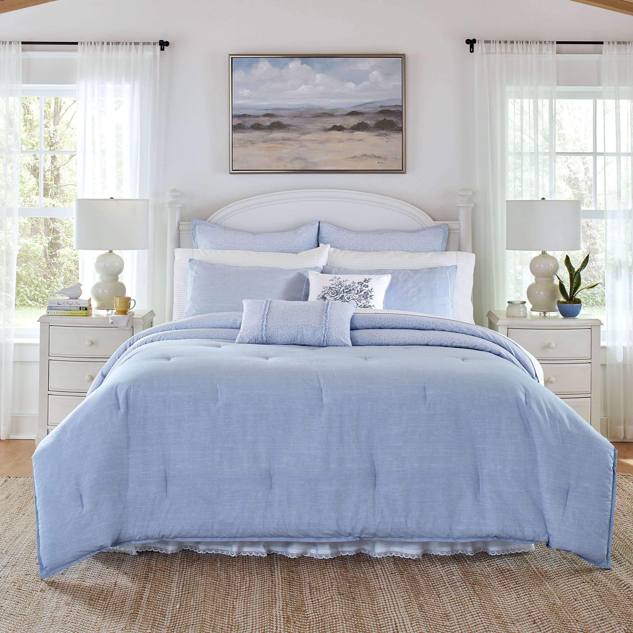 Laura Ashley Home - Queen Comforter Set, Reversible 100% Cotton Bedding with Matching Shams, Euro Shams & Throw Pillows (Forsythia Blue) - Luxury Bedroom Decor for Master Suite, Guest Room & Hotel Style Makeover