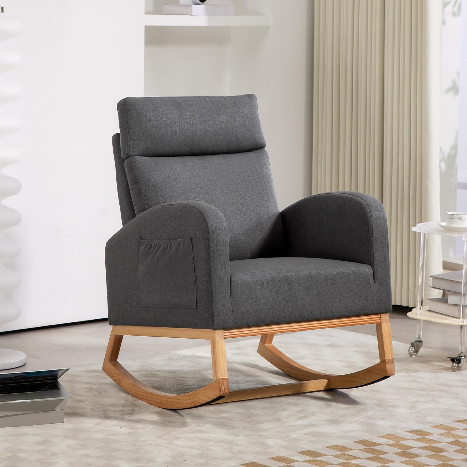 Nursery Glider Rocking Chair with High Backrest & Side Pockets - Upholstered Rubber Wood Rocker for Baby Nursery, Living Room & Bedroom - Dark Gray - Perfect for Breastfeeding, Reading & Relaxing