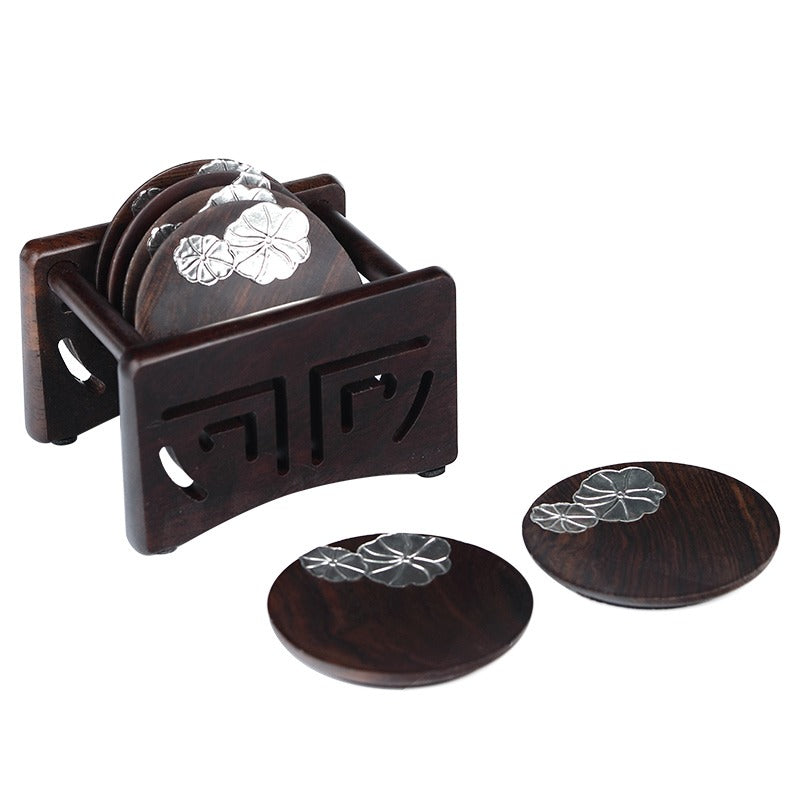 Premium Peach Blossom Ebony Wood Coaster Set - Natural Wood Drink Coasters for Coffee, Wine & Cocktails - Elegant Home Bar & Dining Table Decor