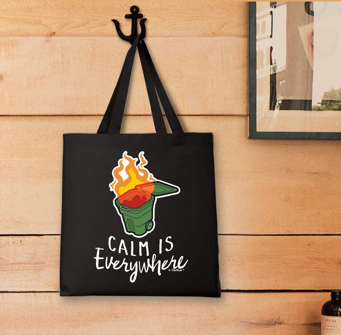 2020 Calm Is Everywhere Meme Tote Bag - Funny Trash Can Fire Canvas Shopping Bag for Groceries, Beach & Daily Use