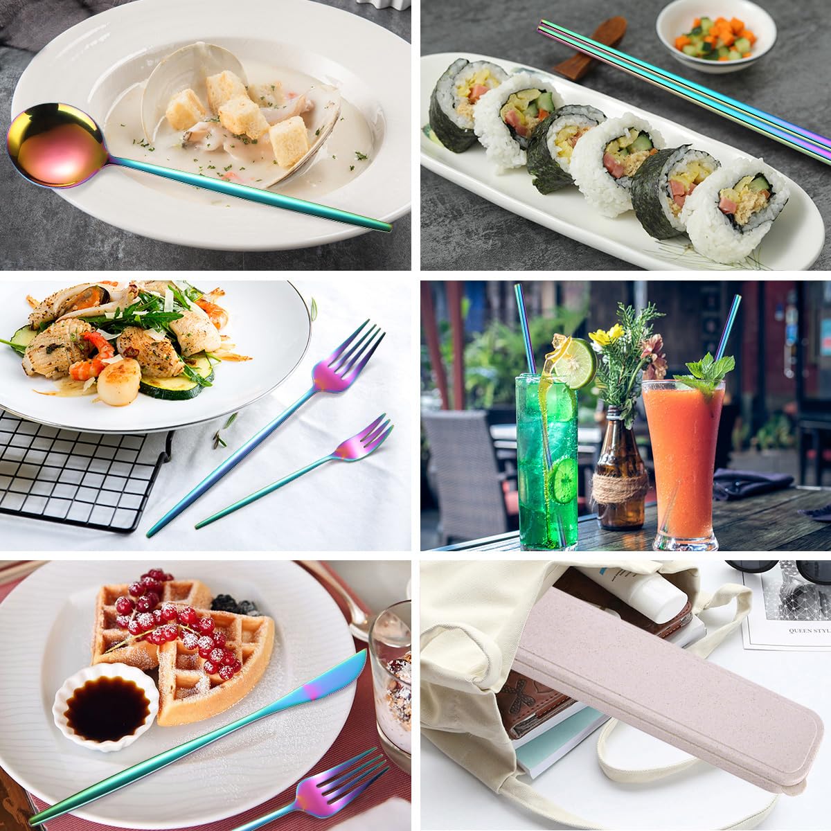 Rainbow 8-Piece Stainless Steel Travel Cutlery Set with Chopsticks & Cleaning Brush - Perfect for Camping, Picnics & Office Lunch