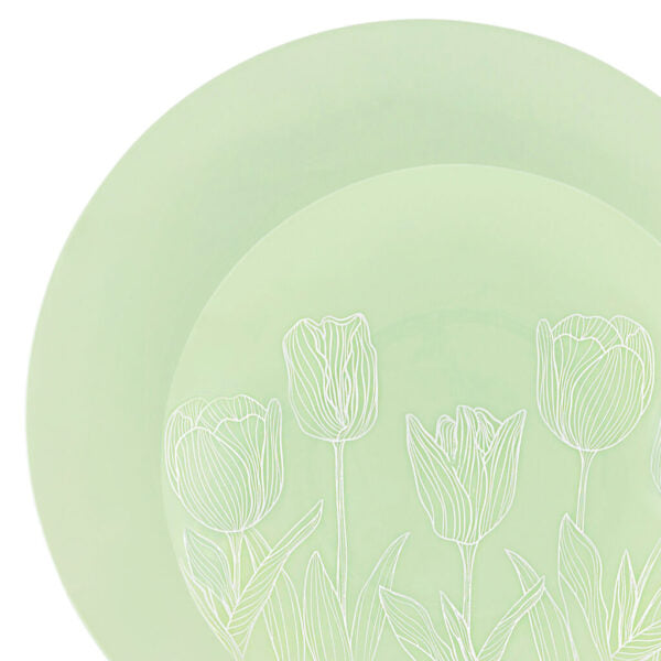 32-Piece Mint Green & White Tulip Round Plastic Dinnerware Set - BPA-Free, Shatterproof (16 Servings) | Perfect for Outdoor Picnics, BBQs, Parties & Everyday Use