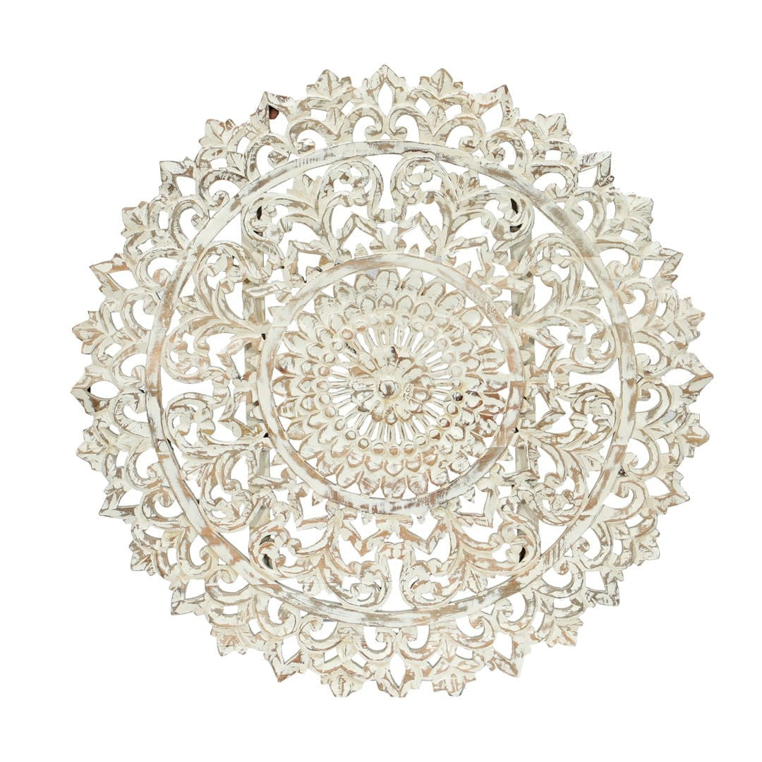 Hand Carved Indian Round Wooden Panel Bedhead - Whitewashed Boho Style Bedroom Decor for Master Bedroom & Guest Room