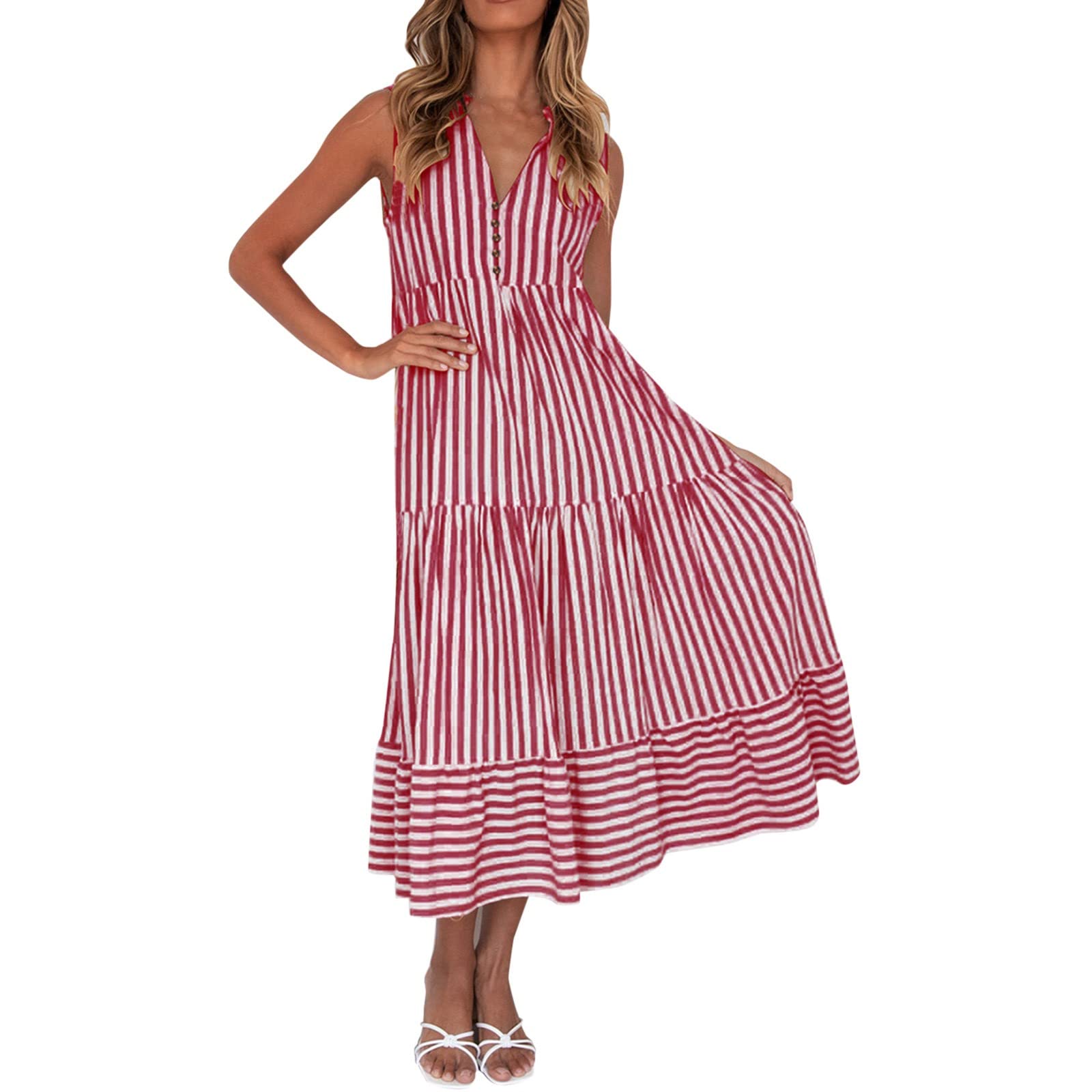 Women's Casual Sleeveless Button-Down V-Neck High Waist Striped Maxi Dress for Summer Beach, Party, Vacation & Date Night Outfits