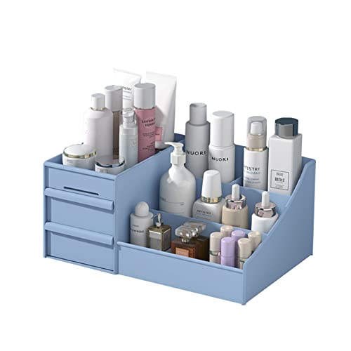 Elegant Blue Makeup Organizer with Drawers - Vanity Storage for Lipstick, Brushes, Skincare, Lotions, Perfume, Eyeshadow & Nail Polish | Perfect for Bedroom, Bathroom & Travel Beauty Organization