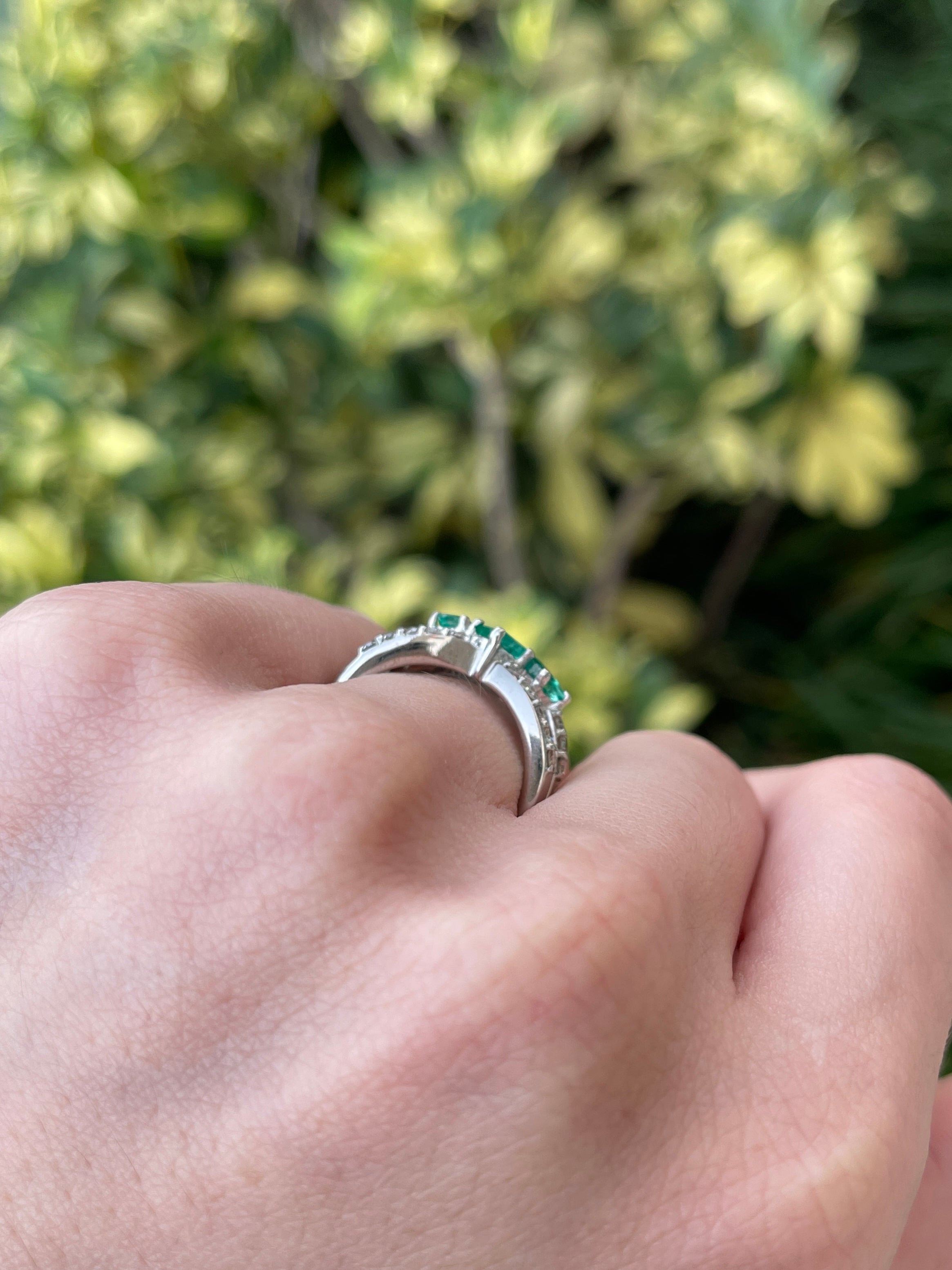 14K Gold Natural Emerald & Diamond Princess Cut 3 Stone Pave Ring - Elegant Statement Jewelry for Weddings, Anniversaries & Special Occasions