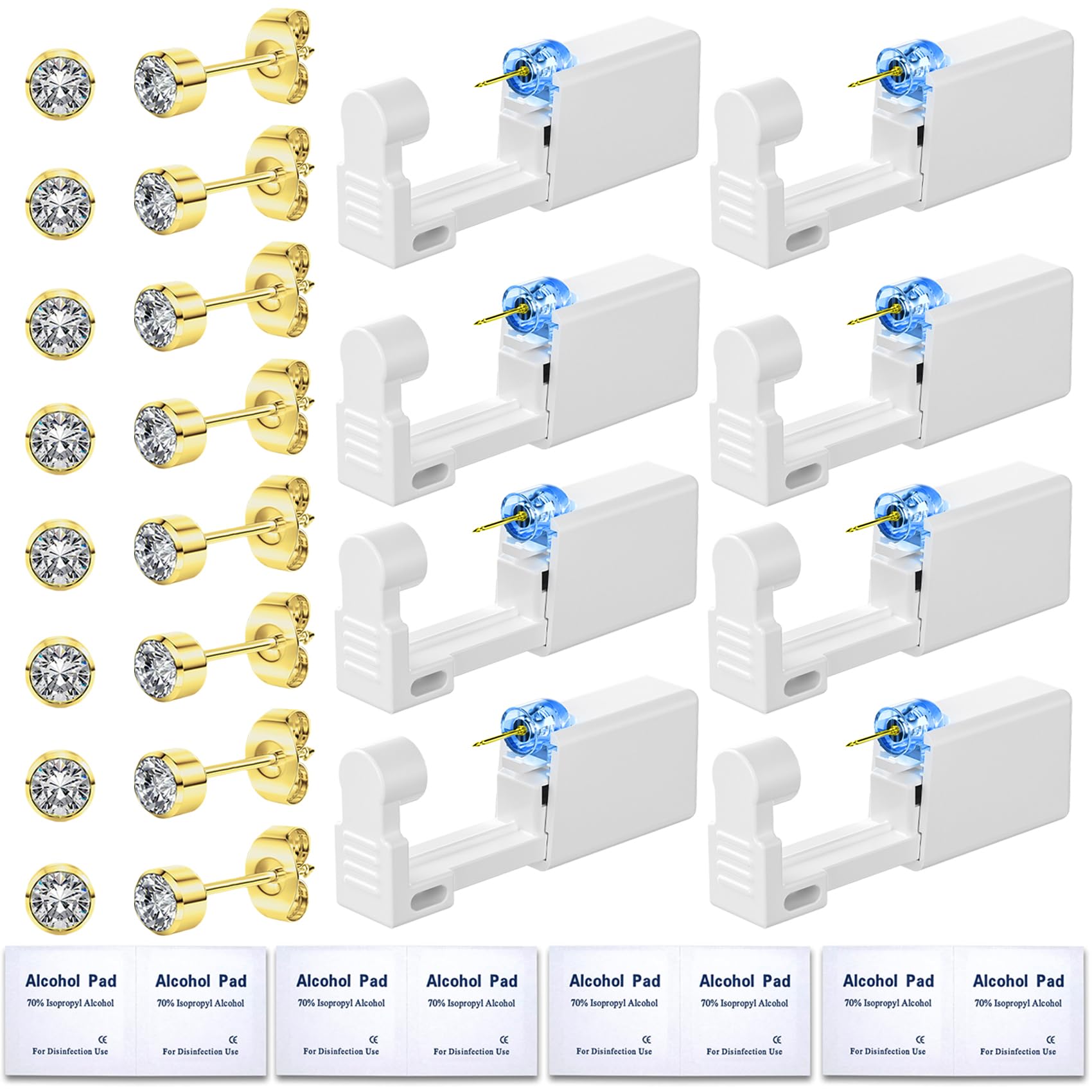 24 Pcs Disposable Ear Piercing Kit with 8 Self-Piercing Guns & 8 Cubic Zirconia Stud Earrings - Safe & Easy Home Ear Piercer Tool for Adults & Teens (Gold) | Perfect for DIY Ear Piercing, Gifts & First-Time Users