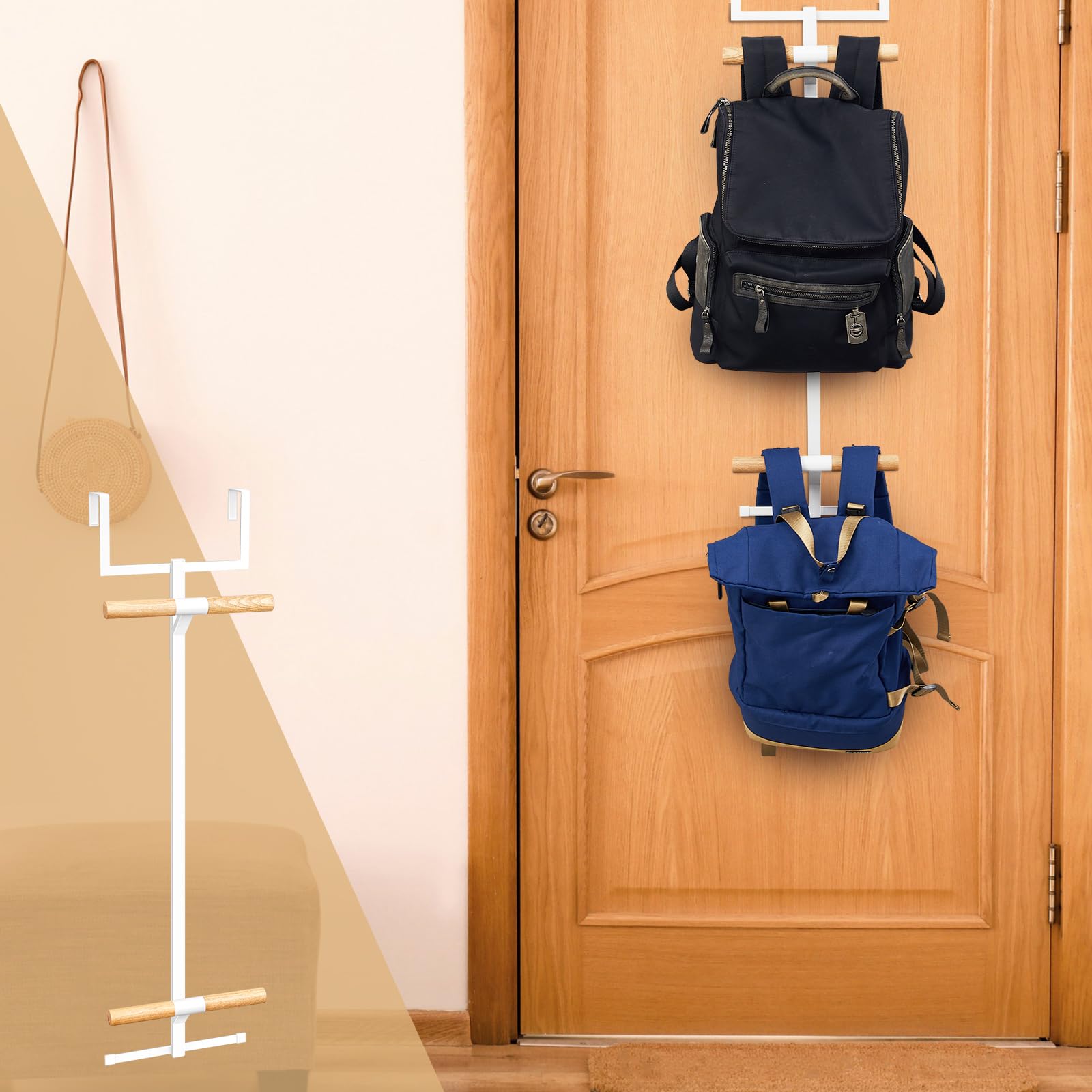 Briwooody Over The Door Backpack Hanger - 2 Tier Metal Storage Rack for School Bags, Closet & Bedroom Organization - Easy Install White Hook for Space Saving (Perfect for Dorm, Kids Room & Small Spaces)