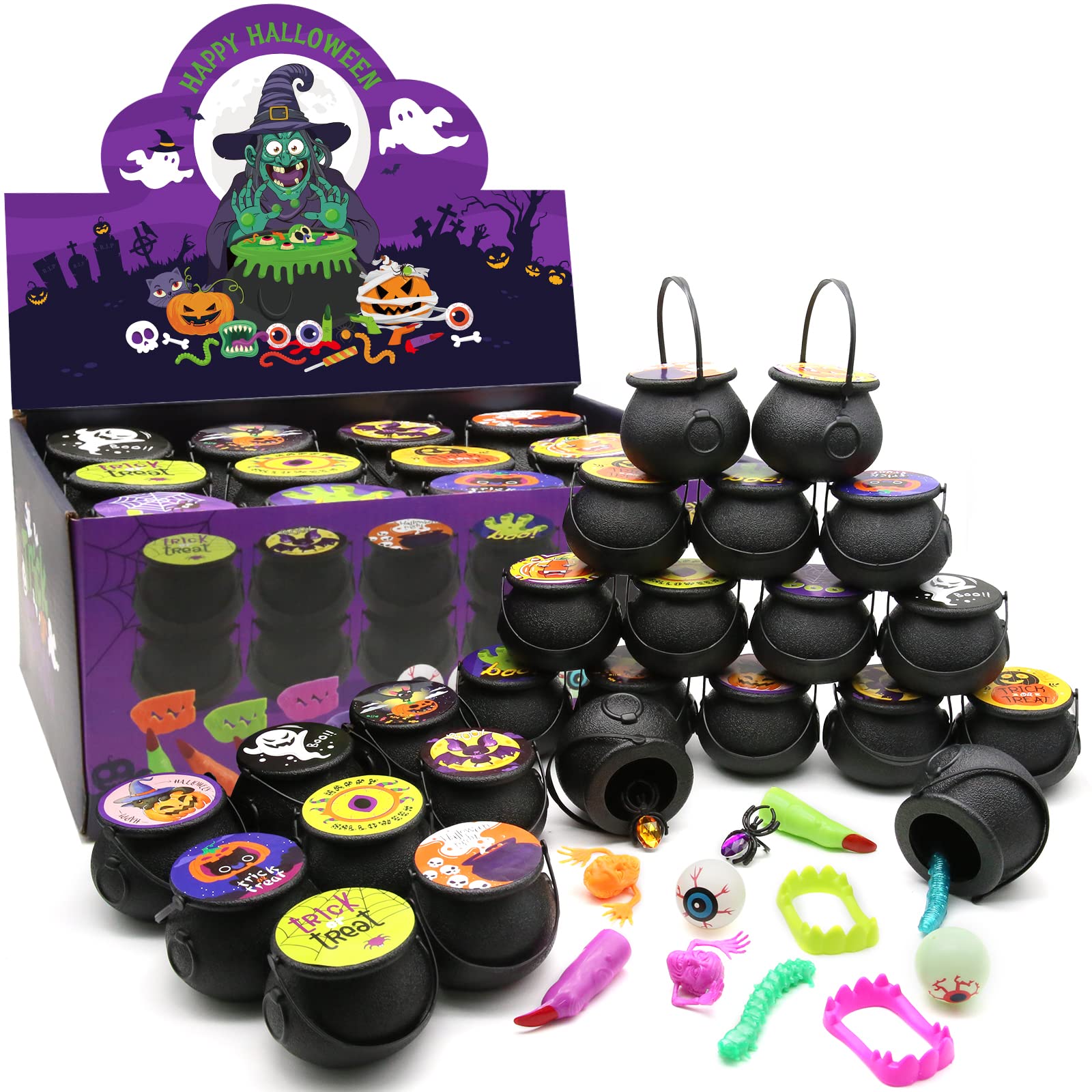 144 PCS Halloween Party Favors - 24 Pack Prefilled Mini Witch Cauldron Toys Bulk Set - Trick or Treat Prizes, Goodie Bags & Party Supplies for Kids - Perfect for Classroom Rewards, Carnival Games & Halloween Festivities