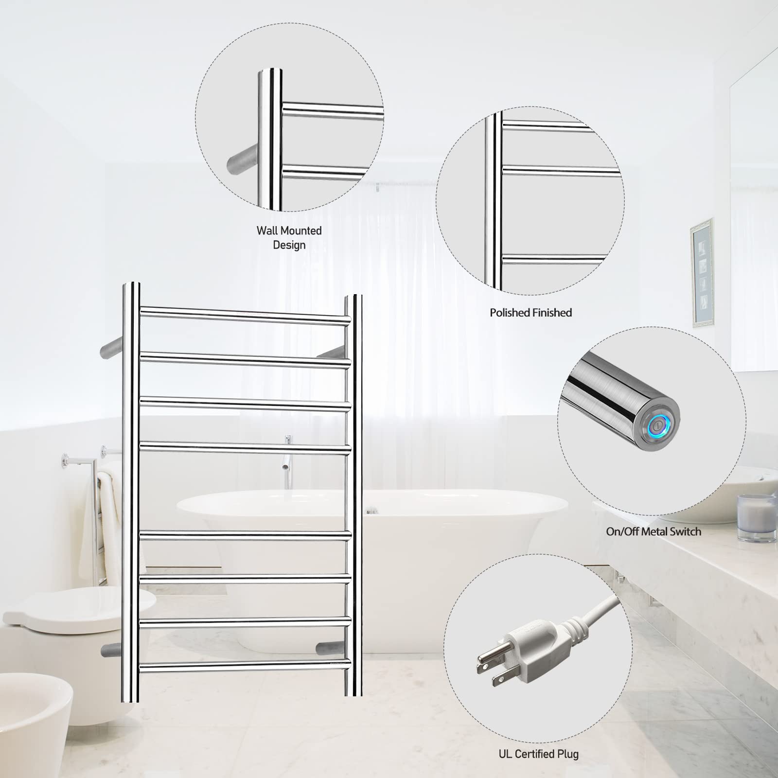 Polished Chrome Electric Heated Towel Warmer - 8 Bar Stainless Steel Wall Mounted Bathroom Towel Rack (70W, 27.56x19.69x4.41 inches) - Perfect for Spa-Like Bathroom Luxury & Quick Drying of Wet Towels