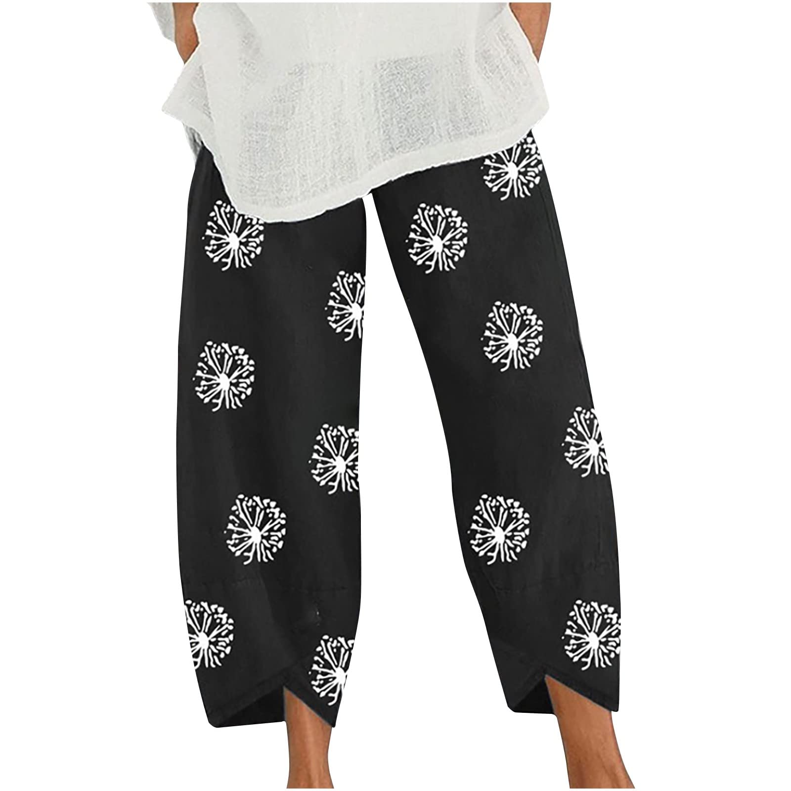 Women's Linen Pants - Dandelion Print Summer Wide Leg Trousers with Pockets | Breathable Loose Fit Casual Pants for Beach, Travel & Everyday Wear