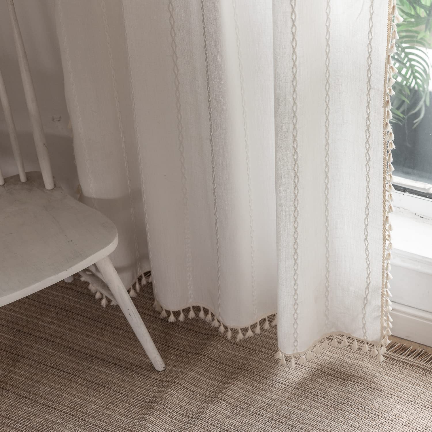 Boho Semi Blackout Window Curtains Set of 2 Panels - 63/84/96 Inch Length, Farmhouse Style with Tassels & Striped Embroidery, Rustic Cotton Linen Blend for Living Room & Bedroom | Perfect for Sun Protection, Privacy & Bohemian Home Decor