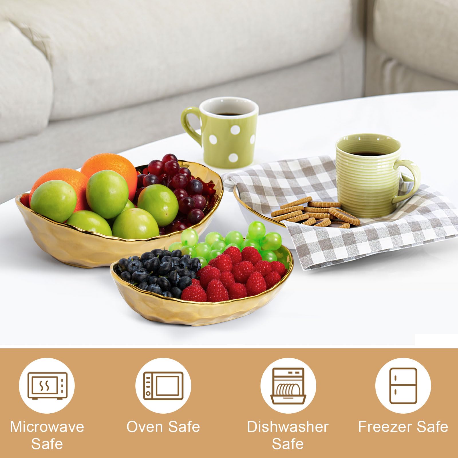 3-Tier Ceramic Fruit Bowl for Kitchen Counter - Large Capacity Modern Multi-Layer Fruit Basket Display Stand - Gold (Perfect for Parties, Dining Room Decor & Healthy Snack Organization)