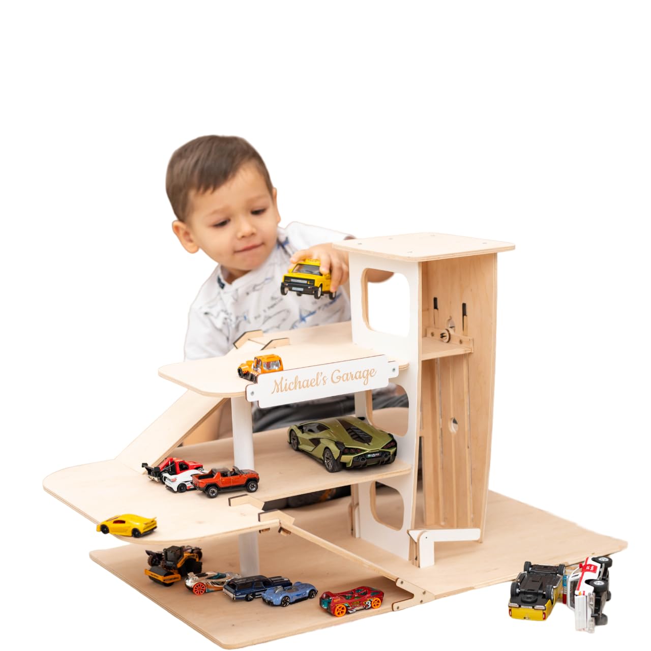 **Wooden Toy Parking Garage with Elevator - Car Storage Organizer for Hot Wheels & Mini Cars - Toddler Gift for Boys & Girls Ages 1-4 - Small Natural Wood Shelf for Playroom, Bedroom, or Daycare**