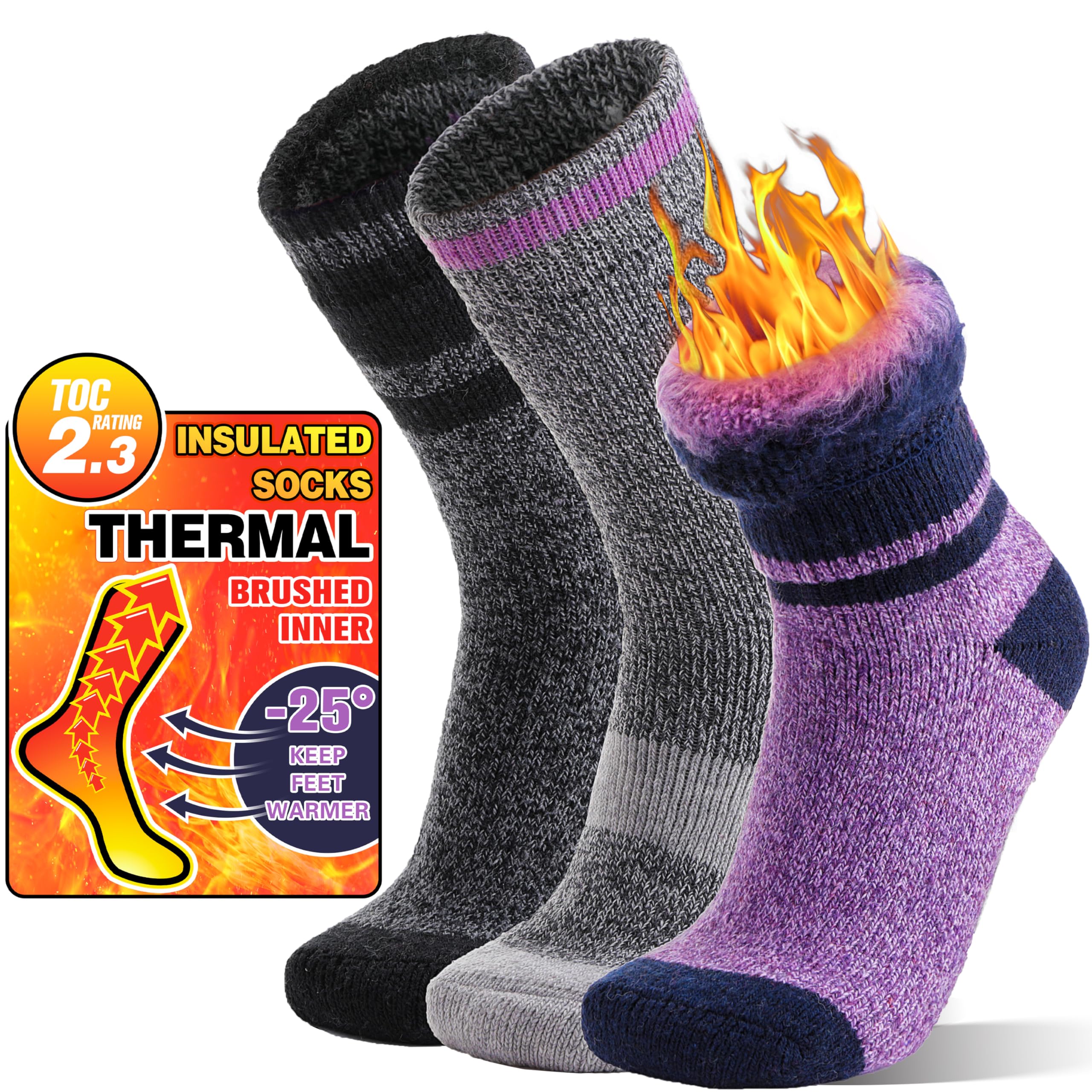 Warm Thermal Winter Socks for Women & Men - 3 Pairs Thick Insulated Ski Boot Socks for Cold Weather - Perfect for Skiing, Snowboarding & Outdoor Winter Activities