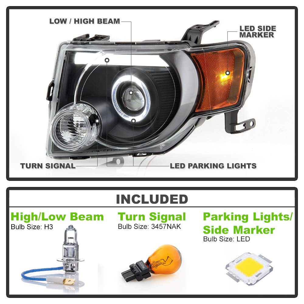 ACANII Black LED Halo Projector Headlights for 2008-2012 Ford Escape SUV - Driver & Passenger Side - High Performance Replacement Headlamps with Tube Halo Design for Night Driving & Off-Road Use
