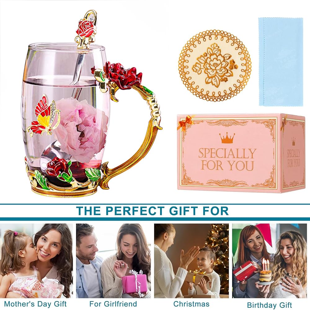 Butterfly Flower Enamel Glass Tea Cup & Coffee Mug - Rose Red Cute Gift for Women, Mom, Grandma, Wife - Perfect for Mother's Day, Anniversary, Christmas, Valentine's Day - Ideal for Tea Parties, Coffee Breaks & Home Decor