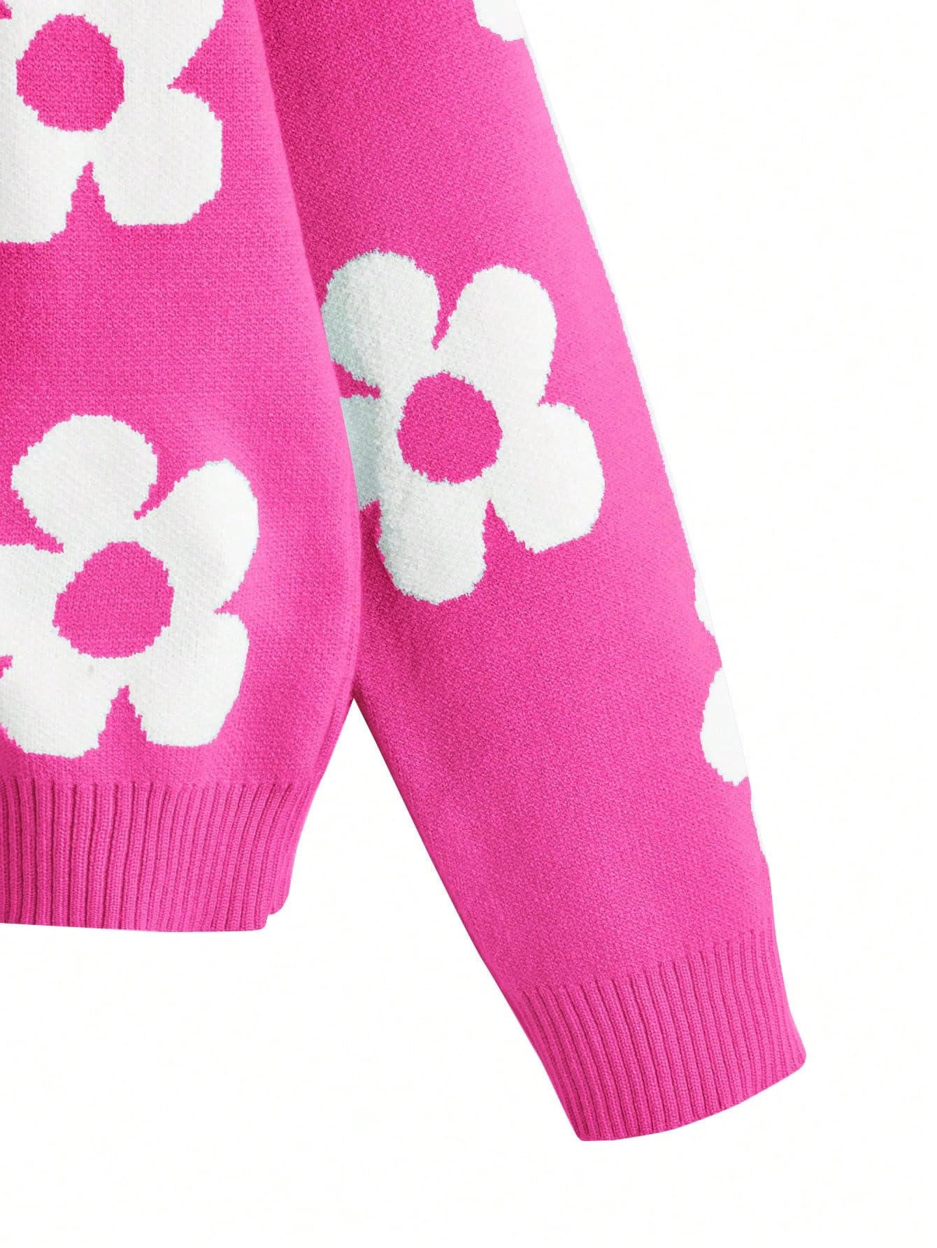 SHENHE Girls' Floral Print Long Sleeve Crewneck Sweater - Soft Casual Pullover Jumper Top for School, Playdates & Fall Outfits