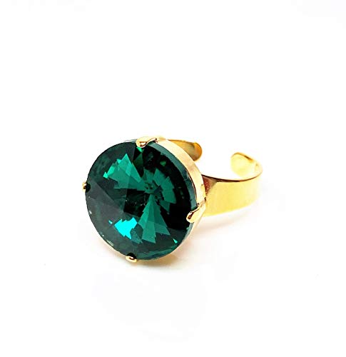 14K Gold Plated Emerald Green Crystal Adjustable Ring for Women - Elegant Fashion Jewelry Gift for Birthday, Anniversary & Special Occasions