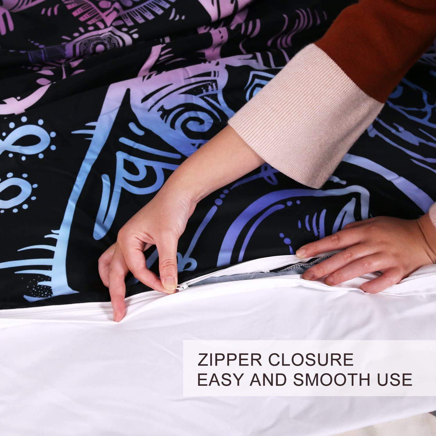 Funky Elephant Duvet Cover Set King - Paisley Lotus Design for Couples Bedroom Decor