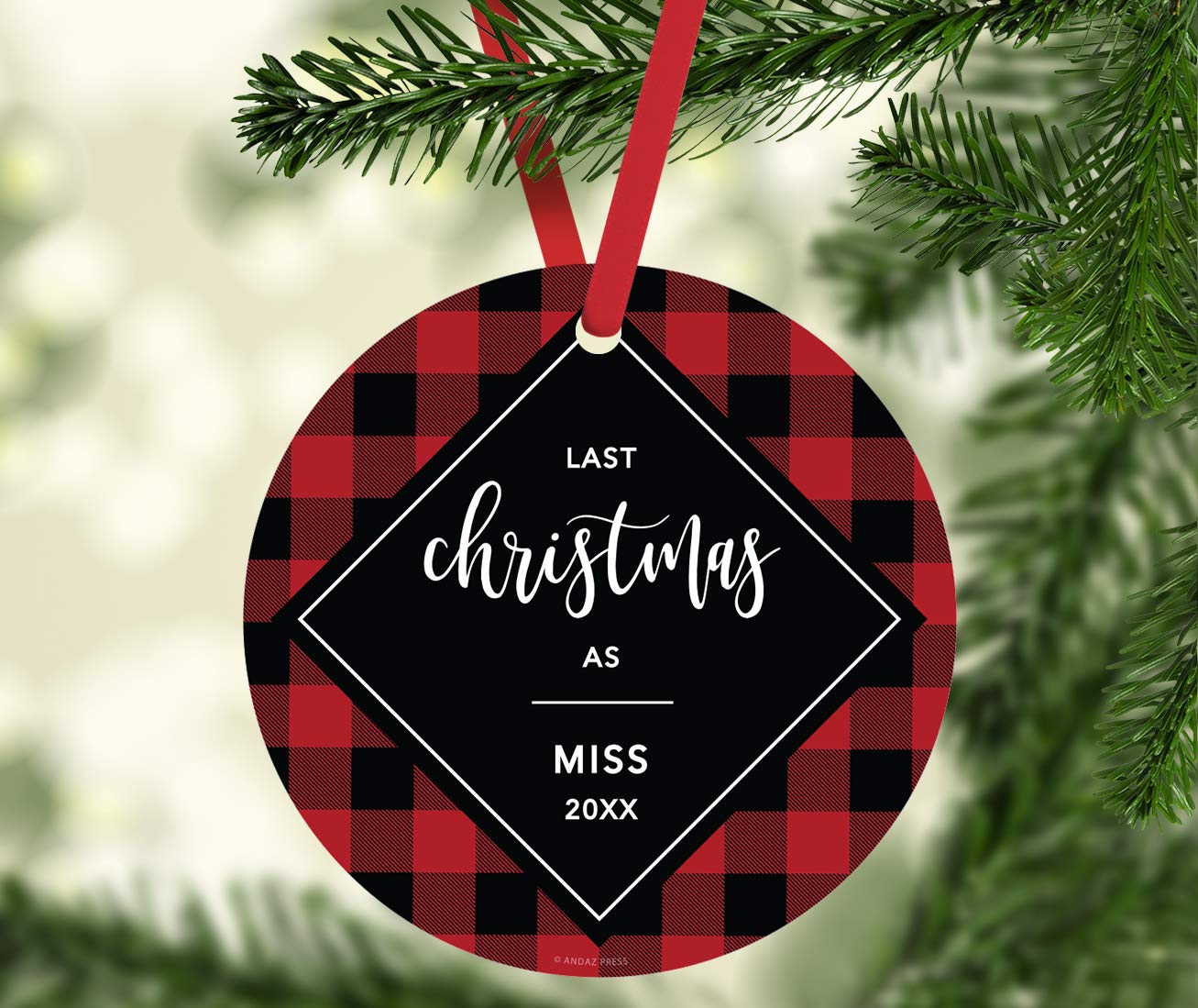 2025 Modern Buffalo Red Black Plaid Wedding Bridal Shower Christmas Ornament - Last Christmas as Miss - Metal Keepsake with Ribbon & Gift Bag (1-Pack) - Perfect for Engagement Parties, Holiday Decor & Bridal Gifts