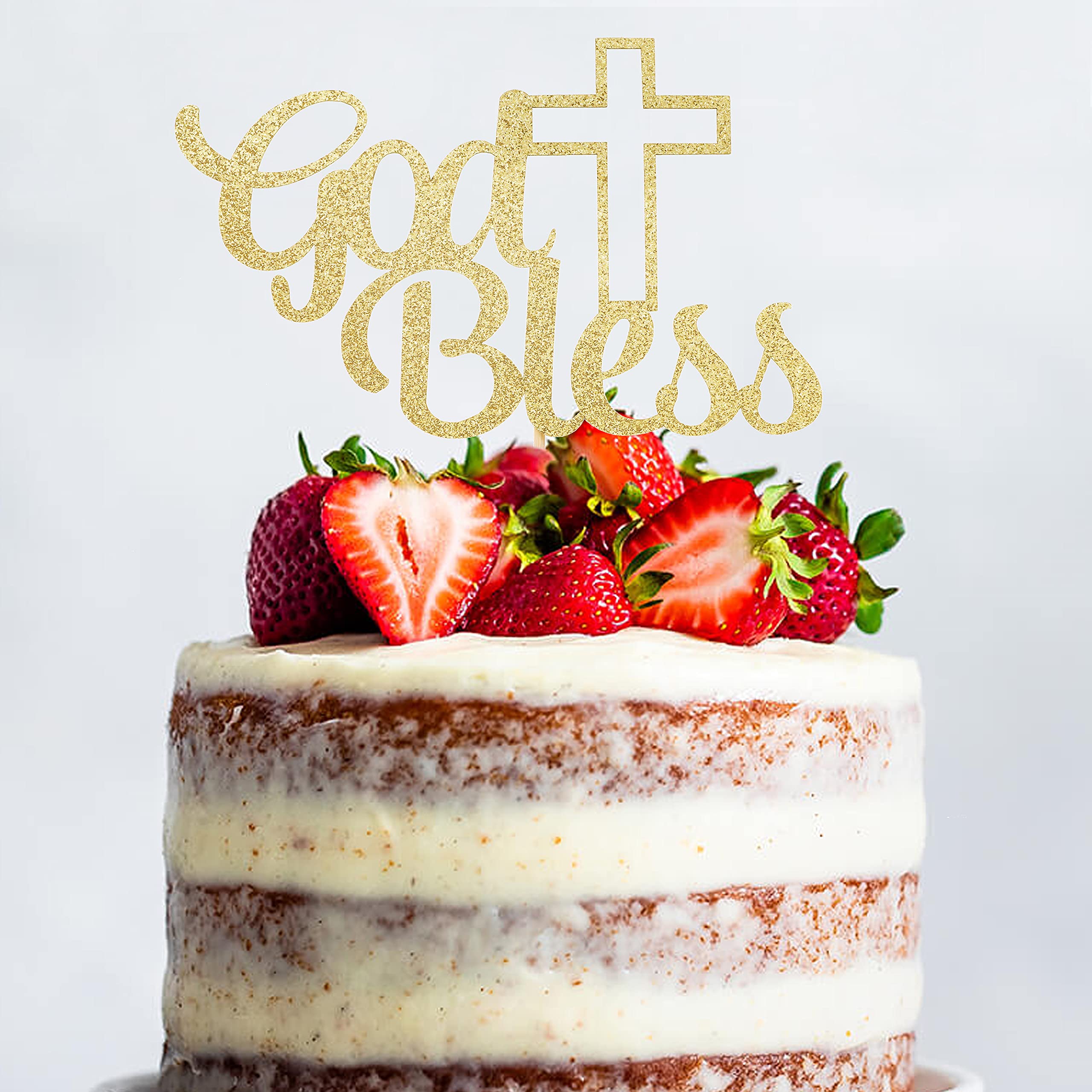 Golden Glitter God Bless Cake Topper - Baptism & First Communion Cake Decorations for Boys & Girls, Religious Cake Topper with Custom Name, Golden Glitter Cake Decor Supplies - Perfect for Baptism, Christening, First Holy Communion & Religious Celebrations
