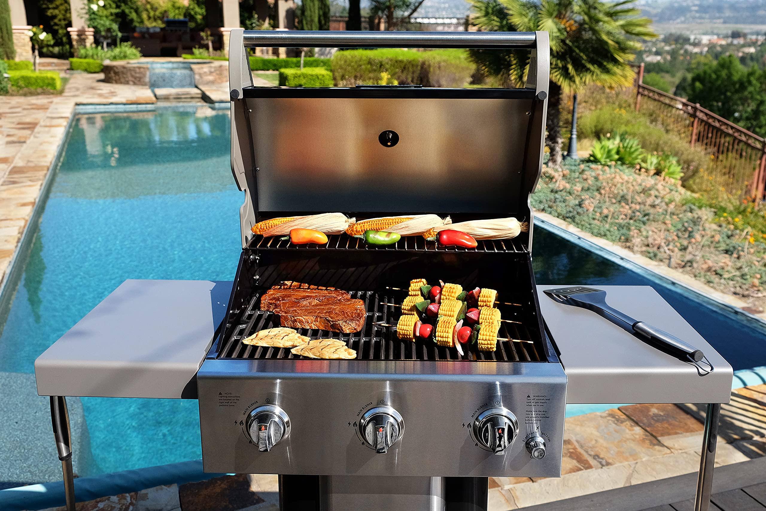 Permasteel 3-Burner Propane Gas Grill - 30,000 BTU Outdoor BBQ Grill with Cast Iron Grates, Foldable Side Shelves & Tool Hooks - Perfect for Backyard, Patio, and Camping Cooking - Black