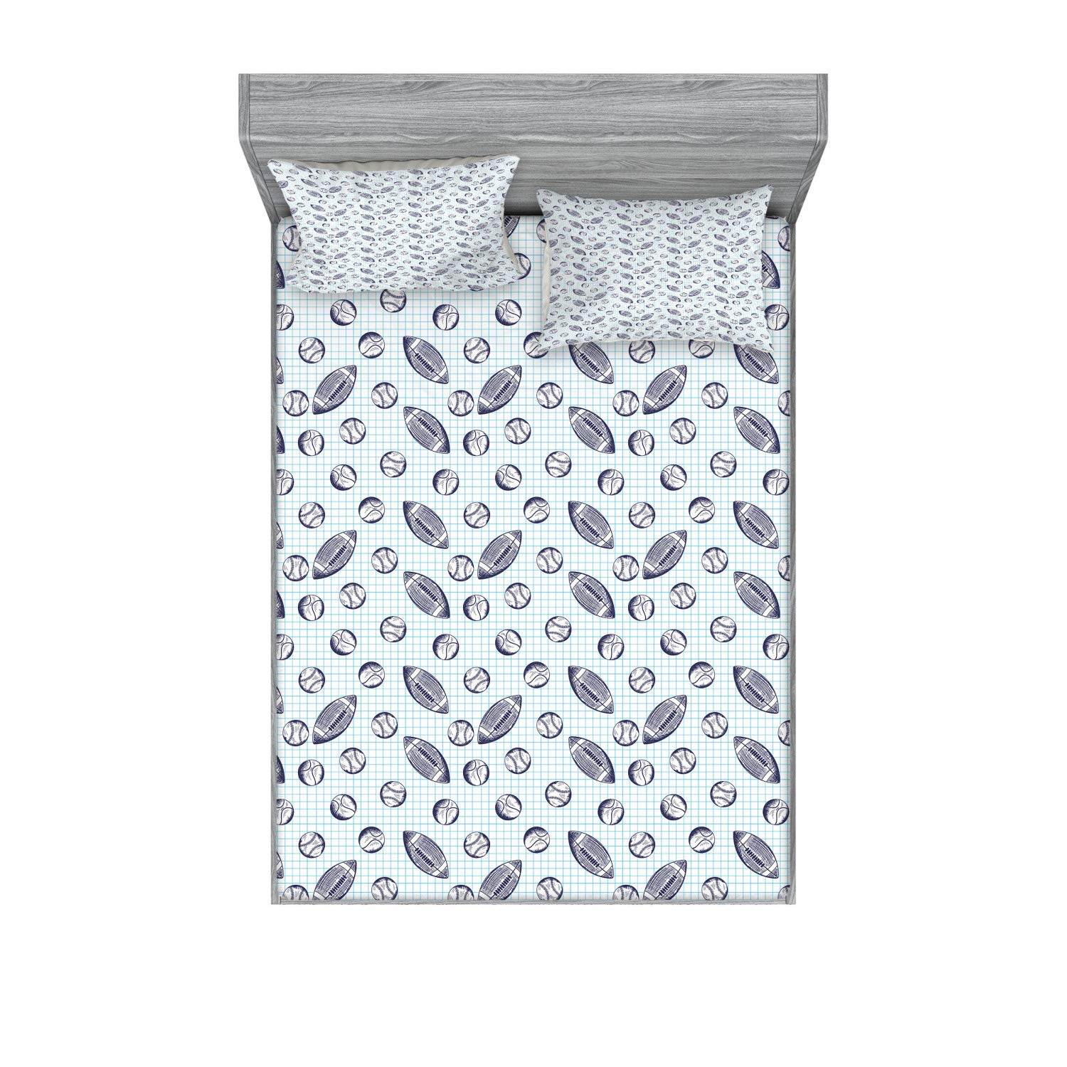 Ambesonne Baseball Fitted Sheet & Pillow Sham Set - Pigskin & Baseballs Checkered Design, 2-Piece Full Size Bedding in Indigo & Pale Blue - Perfect for Sports Themed Bedrooms, Game Rooms & Baseball Fan Gifts