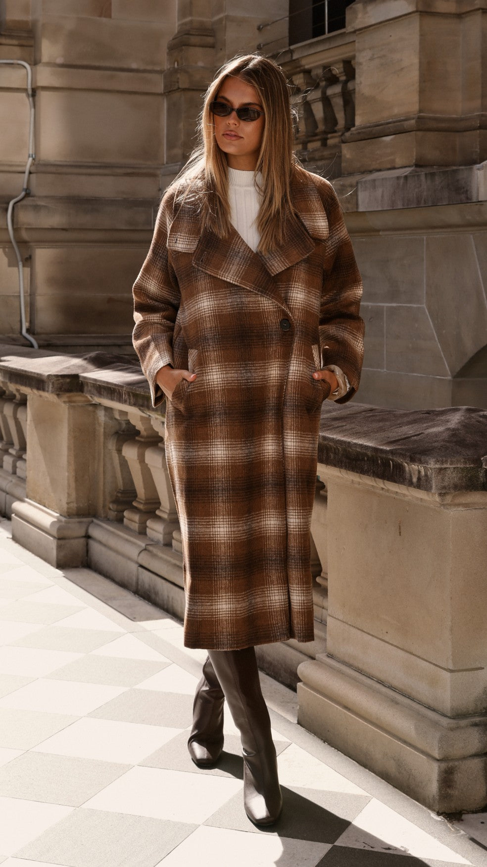 Haruna Coat - Brown & Beige Plaid Print Wool Jacket for Women | Warm Winter Outerwear for Office, Dating & Travel