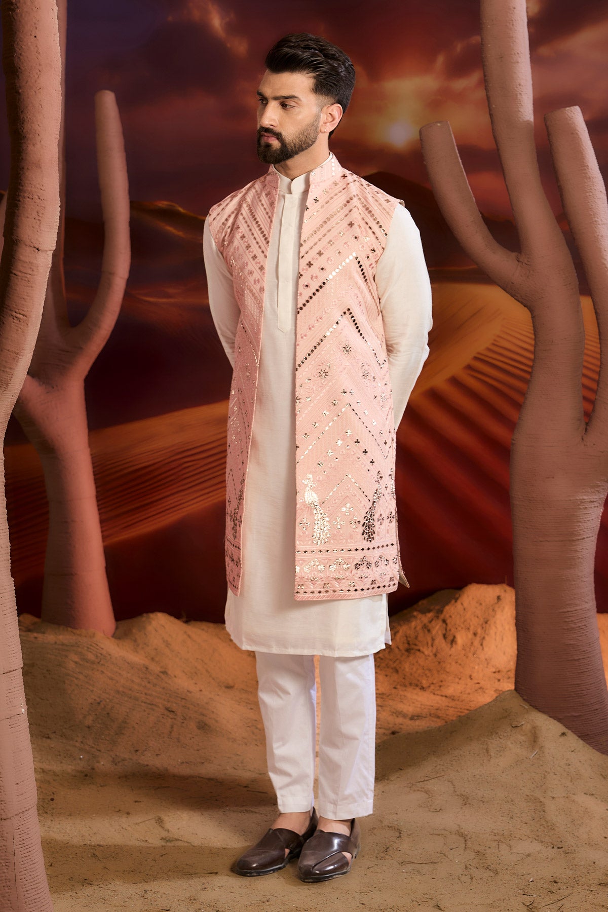 Elegant Light Pink Long Open Shrug with Intricate Leather Patchwork Floral & Animal Motifs - Perfect for Boho Chic Outfits and Evening Wear