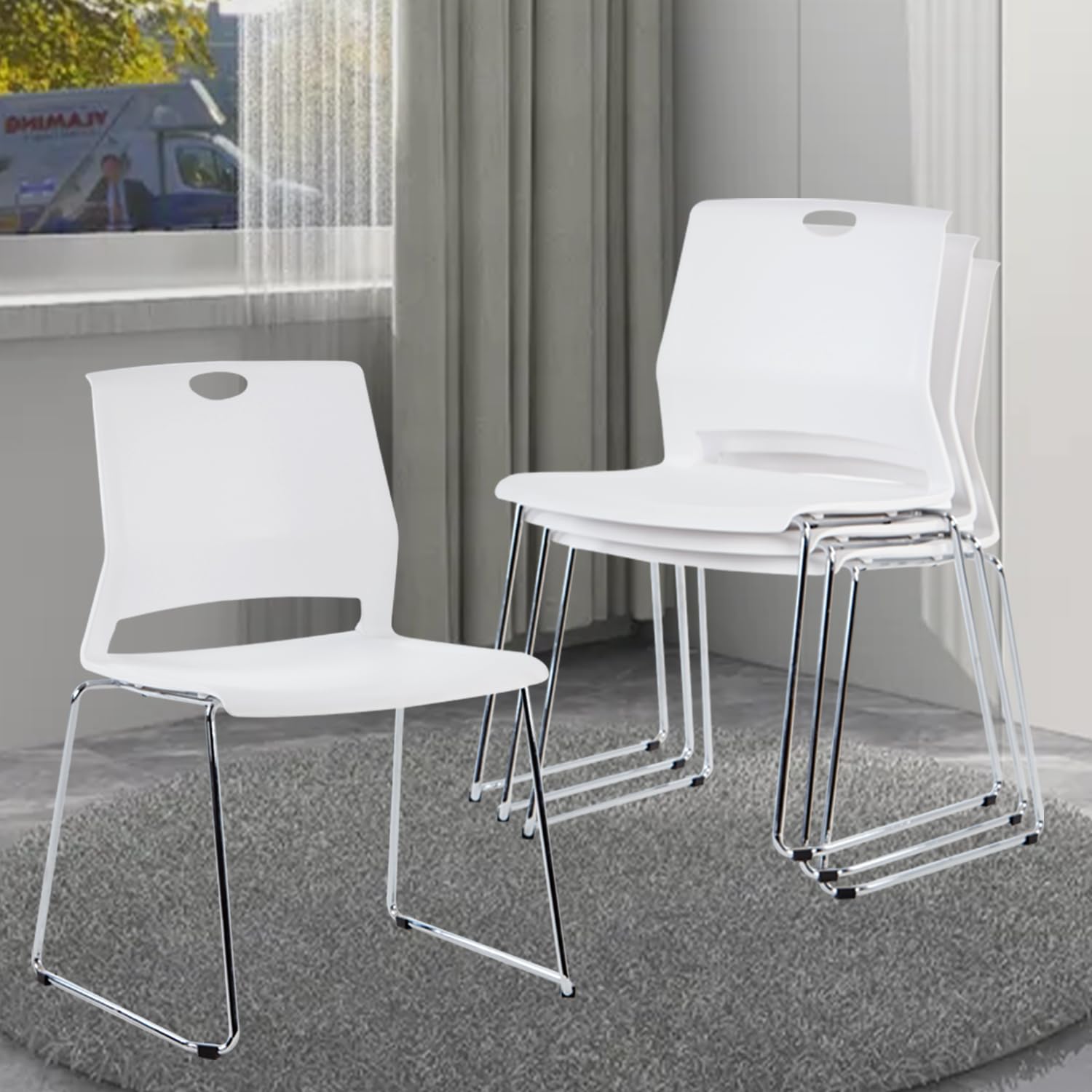 4-Pack Stackable Plastic Chairs - White Reception Chairs with Durable Plastic Shell Seats for Conference Rooms, Dining Areas, Waiting Rooms & Classrooms - Perfect for Office, School, Restaurant and Event Use