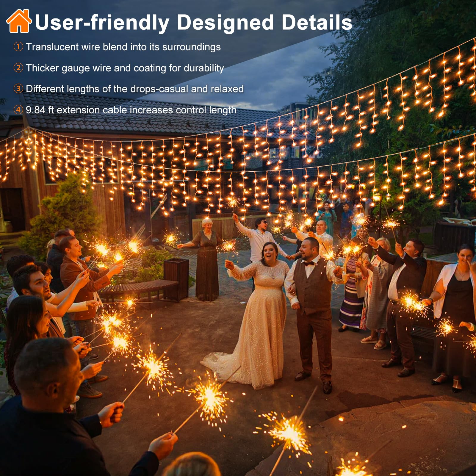 33 FT 400 LED Orange Icicle Christmas Lights Outdoor Waterproof with Timer & 8 Modes - Clear Wire Twinkle String Lights for Window, House, Patio, Yard, Wedding, Classroom, Festival Decor - Perfect for Holiday, Party & Winter Outdoor Decorations