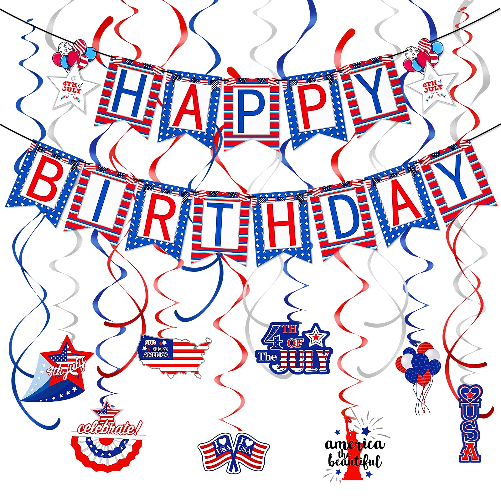 Red White and Blue 4th of July Happy Birthday Banner - Patriotic Independence Day Party Decorations for USA National Day Celebrations, Backyard BBQs & Festive Home Decor