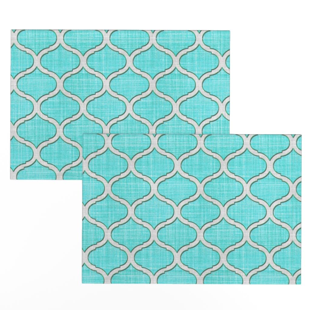 Premium Linen Cotton Canvas Placemats Set of 2 - Aqua Blue Quatrefoil Ogee Pattern Table Mats for Dining, Kitchen Decor, and Party Settings | Washable & Durable by Spoonflower